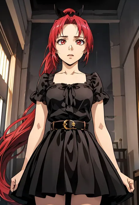 (masterpiece, best quality), 1girl, <lora:LoPoBiaShilialJahad:0.8> LoPoBiaShilialJahad, 1girl, very long hair, red eyes, dress, ponytail, red hair, belt, black dress,