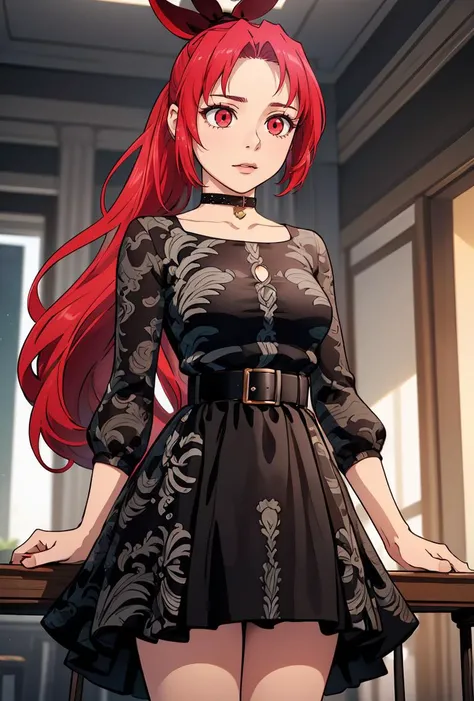 (masterpiece, best quality), 1girl, <lora:LoPoBiaShilialJahad:0.8> LoPoBiaShilialJahad, 1girl, very long hair, red eyes, dress, ponytail, red hair, belt, black dress,