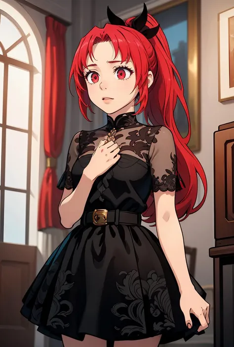 (masterpiece, best quality), 1girl, <lora:LoPoBiaShilialJahad:0.8> LoPoBiaShilialJahad, 1girl, very long hair, red eyes, dress, ponytail, red hair, belt, black dress,