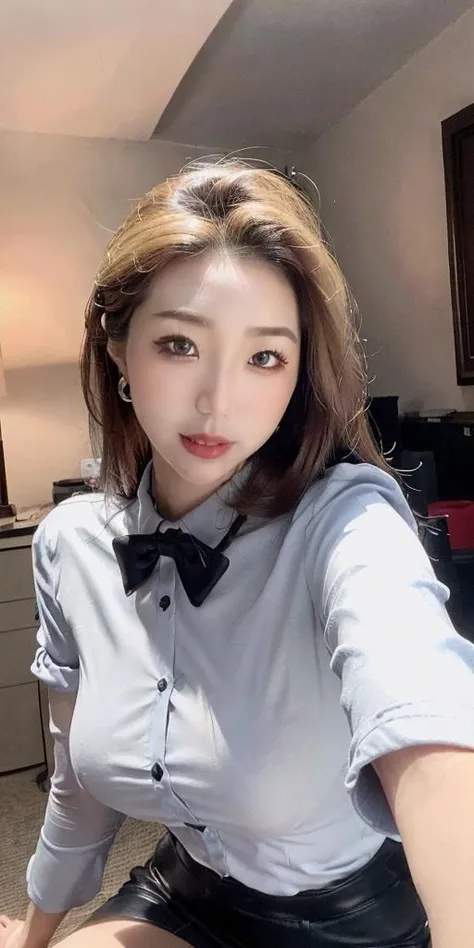 (RAW photo, best quality), (realistic, photo-realistic:1.3), masterpiece, an extremely delicate and beautiful, extremely detailed, CG, unity, 8k, amazing, finely detail, ultra-detailed, highres, absurdres, soft light, (black hair, short hair, curly hair, messy hair, bangs), beautiful detailed girl, detailed fingers, extremely detailed eyes and face, beautiful detailed nose, beautiful detailed eyes, (closed mouth:1.2), (light on face), looking at viewer, 1girl, cute, young, mature face, pale skin, (half body:1.3, sitting), (medium breasts), realistic face, realistic body, beautiful detailed thigh, (white shirt, collared shirt, (black miniskirt:1.2), pantyhose, detached sleeves, bowtie), (semi smile:1.3), (aegyo sal:1), (kpop idol:1), relaxed, <lora:jieji-majicmixRealistic:0.8>
