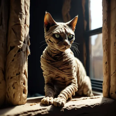 <lora:SDXL_mummy_Sa_May:1> mummy, a desiccated mummy cat near the window, cinematic