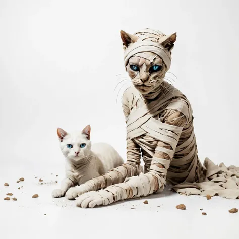 <lora:SDXL_mummy_Sa_May:1> mummy, a desiccated mummy, nice woman, photoshoot. white background with with mummy cat