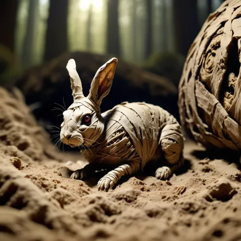 <lora:SDXL_mummy_Sa_May:1> mummy, a desiccated mummy rabbit in the forest