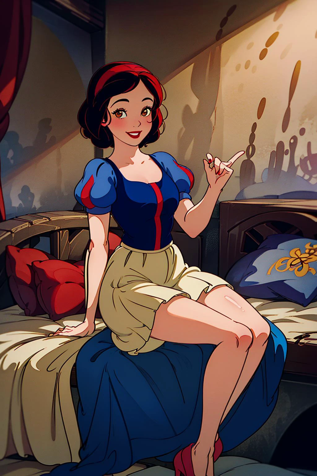 (masterpiece, best quality, high resolution:1.4), portrait,
snow white,
1girl, woman, smile, looking at viewer,
(medieval dress, yellow skirt, long skirt, red hairband),
sitting on bed,
indoor,
<lora:SnowWhite_v1:1>