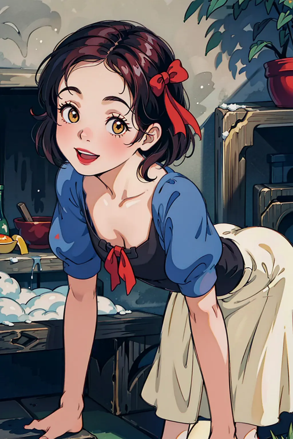 (masterpiece, best quality, high resolution:1.4), portrait,
snow white, short black hair, (red hair ribbon:1.2),
1girl, woman, smile, looking at viewer, leaning forward, 
shirt, long yellow skirt,
indoor,
colorful, high contrast,
<lora:SnowWhite_v1:1>