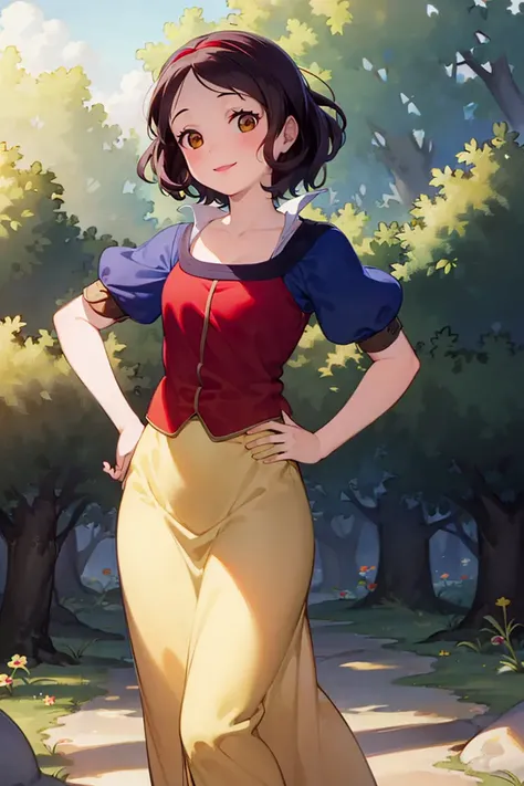 (masterpiece, best quality, high resolution:1.4), portrait, analog, RAW format,
snow white,
1girl, woman, smile, looking at viewer,
(medieval dress, yellow skirt, long skirt, red hairband),
standing, hands on hips,
outdoors, nature, forest,
perfect light,
<lora:SnowWhite_v1:1>