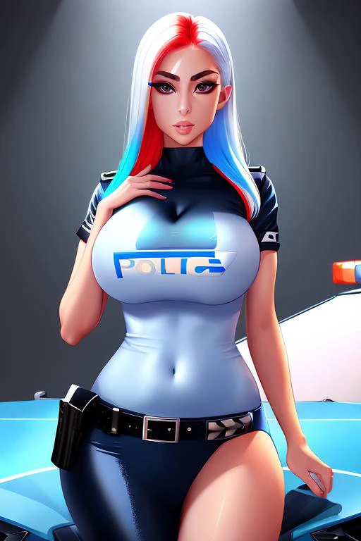 woman standing, sexy police woman, sexypolice, wearing a sexypolice outfit, 1girl, beautiful, in focus, masterpiece, facing viewer, centered, white shirt,
multicolored hair, <lora:youreUNDERARRESTLoha_v10:1>