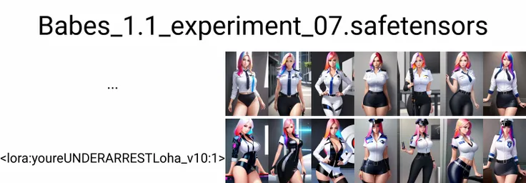 woman standing, sexy police woman, sexypolice, wearing a sexypolice outfit, 1girl, beautiful, in focus, masterpiece, facing viewer, centered, white shirt,
multicolored hair, ...