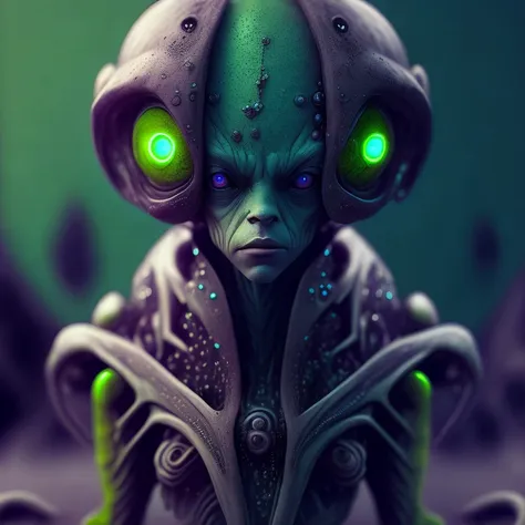 fking_scifi_v2, full body portrait of an alien, large eyes, slick skin, slime, 80mm, f/1.8, dof, bokeh, depth of field, subsurface scattering, stippling  <lora:pdalns:1>