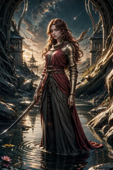 official art, unity 8k wallpaper, ultra detailed, beautiful and aesthetic, beautiful, masterpiece, best quality, (zentangle, mandala, tangle, entangle:0.4) The artwork features a girl standing on the surface of water, surrounded by temple debris. The sky is filled with stars, and there are puffy clouds in the background. The scene also includes a forest with a single large tree with exposed roots wrapping throughout the scene, along with an assortment of different flowers spread throughout, (1girl, very long hair, malenia blade of miquella, <lora:MaleniaMv3:0.8> )