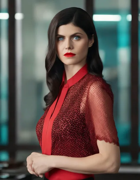 cinematic photo skswoman,elegant 1girl,solo,looking at viewer,black hair,cyan silk blouse,red lips,
uperbody,serious look,long hair,background office,realistic,wet lips,professional,4k,highly detailed <lora:Alexandra Daddario:0.95> . 35mm photograph, film, bokeh, professional, 4k, highly detailed