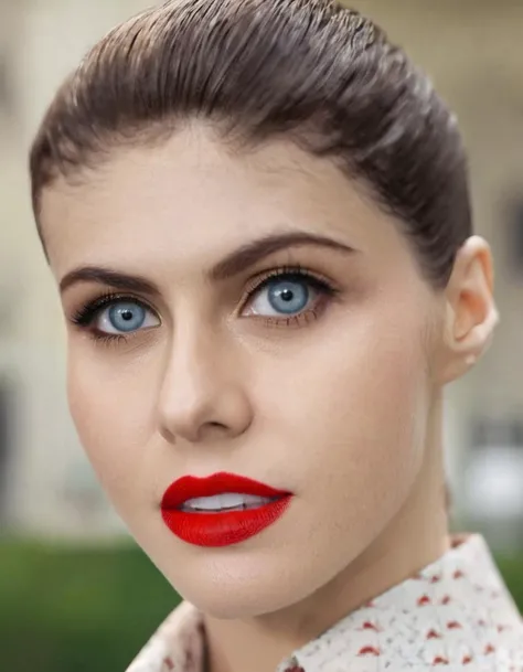 skswoman, alex4d4dd, 1girl, solo, looking at viewer, short hair, brown hair, shirt, upper body, parted lips, teeth, blurry, lips, blurry background, portrait, realistic, red lips, professional, 4k, highly detailed <lora:Alexandra Daddario:1.1>