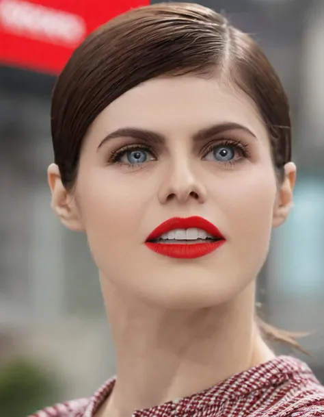 skswoman, alex4d4dd, 1girl, solo, looking at viewer, short hair, brown hair, shirt, upper body, parted lips, teeth, blurry, lips, blurry background, portrait, realistic, red lips, professional, 4k, highly detailed <lora:Alexandra Daddario:1.1>