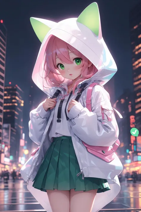 (best quality, masterpiece:1.2),1girl,sparkle,pink hair, <lora:backlighting(光照):0.6>,skirt,in the city,green hair,