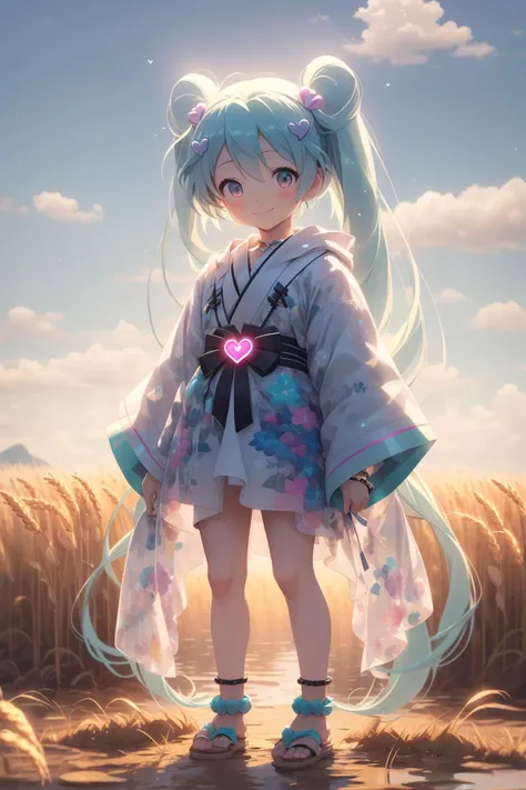 (best quality, masterpiece:1.2),sparkle,<lora:sparkle-000008:0.6>,smirk,bracelet,heart hair ornament,flip-flops,samurai,hatsune miku,wheat field,