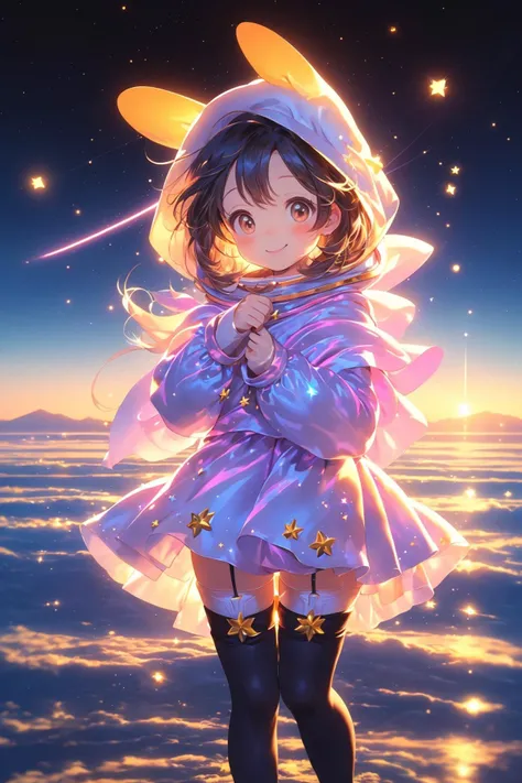 (best quality, masterpiece:1.2),1girl,sparkle,skirt,(white silk stockings:1.2),smile,in the outdoor,(space:1.1), <lora:backlighting(光照):0.7>,(jump up:1.2),