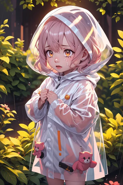 1girl, <lora:backlighting(光照):0.5>,white,short hair,transparent raincoat,in the garden,colorful raincoat,crying,<lora:AnyaHD:0.8>,(Anya\(SPYXFamily\)),, (best quality, masterpiece:1.2),