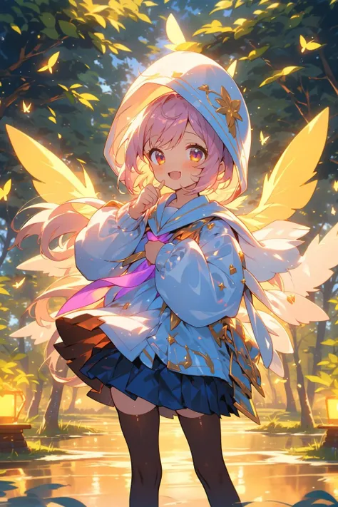 (best quality, masterpiece:1.2),1girl,sparkle,white silk stockings,in the outdoor, <lora:backlighting(光照):0.6>,forest,firefly,JK,short skirt,bad laugh,wings,