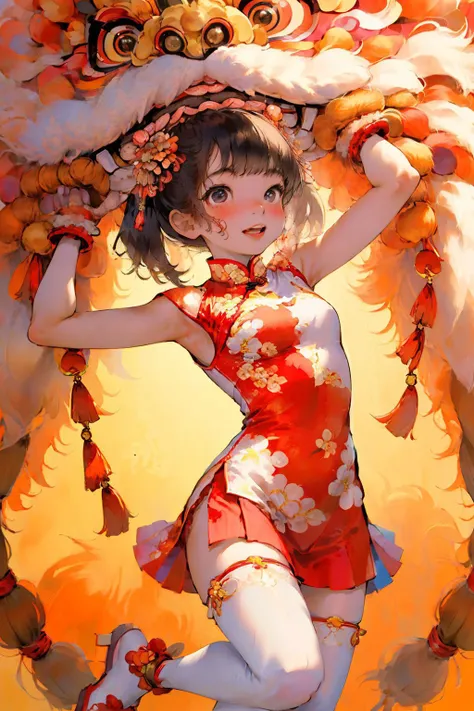 masterpiece,(best quality:1.3),
1girl,<lora:LionDanceV1:0.7>,lion_dance,Flowers, full body,