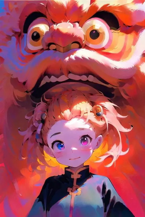 masterpiece, best quality, illustration,((lion_dance)),
 (disheveled hair),[orange hair:purple buttom hair:0.8],forehead,zoe,long hair,multicolored hair,blue and purple  eyes, upper body, ,(colored inner hair:1.1),(gradient hair:1.1),[:purple hair:0.8],