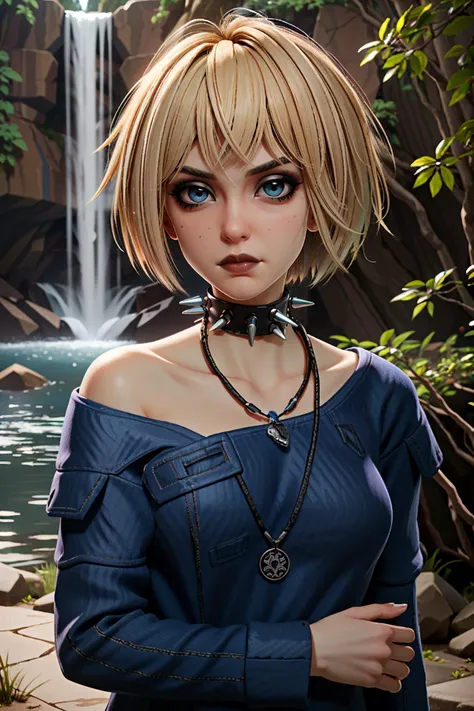(masterpiece, best quality, highres)
<lora:CyberMisty:0.8>
CyberMisty, 1girl, solo, blonde hair, spiked collar, makeup, waterfall, twilight, ethereal and soft light in a serene setting