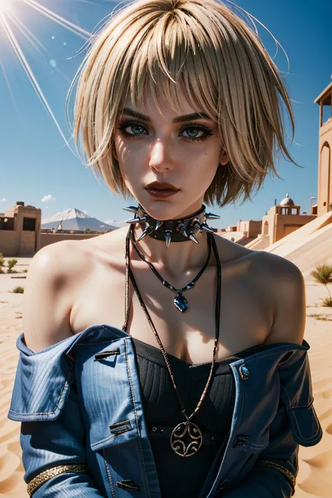 (masterpiece, best quality, highres)
<lora:CyberMisty:0.8>
CyberMisty, 1girl, solo, blonde hair, spiked collar, makeup, desert, noon, intense and shimmering sunlight
