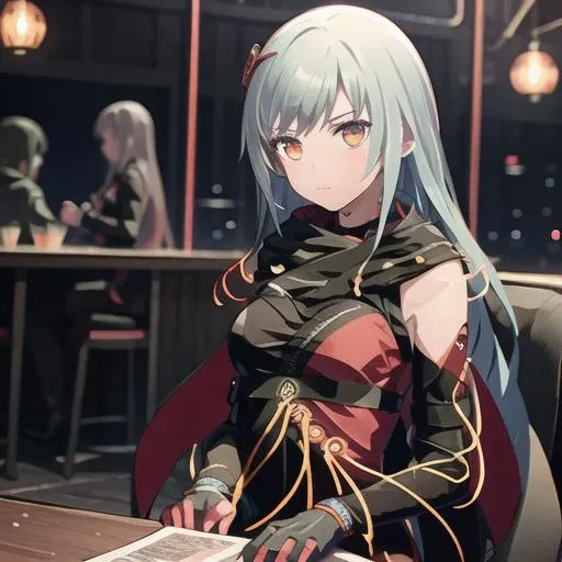 (masterpiece), kasane, fantasy, cyborg café, sitting on table, neon lights, high tech, pub, ((people)) <lora:Kasane:1>