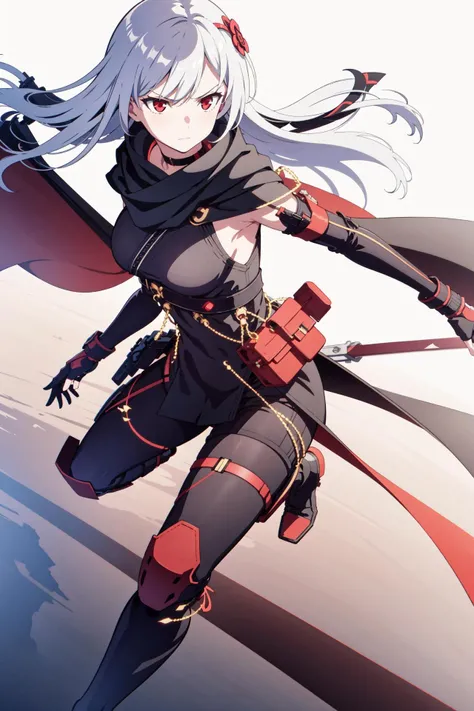 Masterpiece, best quality, perfect lighting, 1girl, solo, osf shinobi uniform, white hair, red eyes, choker, hair ornament, fingerless gloves, thigh guards, knee guards, black boots, grey leggings, satchel, cape, simple_background, white_background, (battle stance:1.3), angry,  <lora:Kasane-v2-hotfix:0.6>