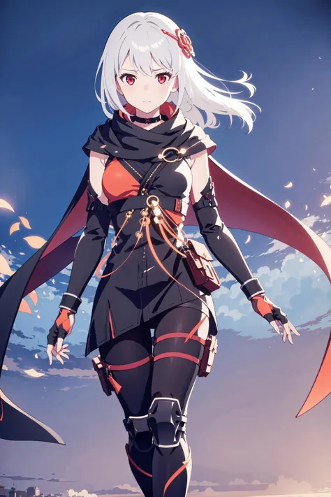 Masterpiece, best quality, perfect lighting, 1girl, solo, osf shinobi uniform, white hair, red eyes, choker, hair ornament, fingerless gloves, thigh guards, knee guards, black boots, grey leggings, satchel, cape, simple_background, white_background, orange_light_particles, <lora:Kasane-v2-hotfix:0.6>