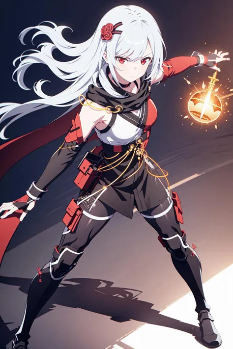 Masterpiece, best quality, perfect lighting, 1girl, solo, osf shinobi uniform, white hair, red eyes, choker, hair ornament, fingerless gloves, thigh guards, knee guards, black boots, grey leggings, satchel, cape, simple_background, white_background, (battle stance:1.3), angry, <lora:Kasane-v2:0.7>