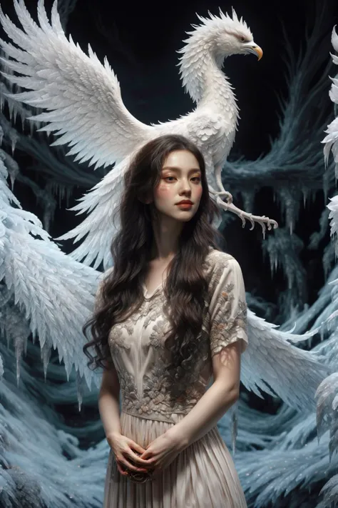 A girl wearing a long dress danced and performed a prayer ritual in front of a giant stone gate,a giant ice phoenix lurked in the sky,(Phoenix of Sora:1.2),<lora:PhoenixSora:0.7>,
very long hair,sword,wide_shot,<lora:add_detail:0.6>,a rocky cliff,
mythology,fantasy,drama,dreams,detail,(flower:1.2),(ice:1.2),<lora:GPTS4 dreamwave full_478773:0.8>,<lora:GoodHands-beta2:0.9>,<lora:irene_v70:0.6>,style-sylvamagic,