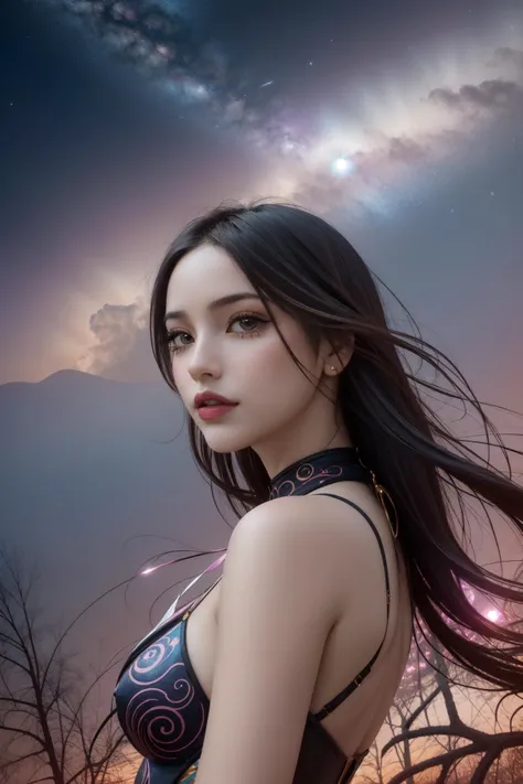 8K, work of art, RAW Photos, highest quallity, realisitic, very detailled, Written limit depth, cinematic light, anatomically correct body,
An elegant and beautiful mature woman, rosto muito comely, exquisitely detailed face, Goddess-like deity々comely, Very sensitive skin, Transparent White Skin, Glamorous body,
long black wavy hair,
A high-slit dress with flowing lace, detailed cloth texture, Colar comely, Brincos comelys,
dark starry background, Milky Way Galaxy, Meteors,
low angle shot,