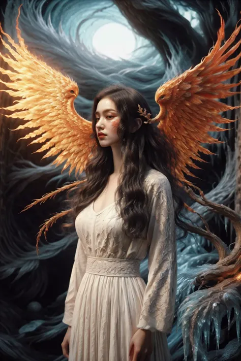 A girl wearing a long dress danced and performed a prayer ritual in front of the Sun God's palace,a giant ice phoenix lurked in the sky,(Phoenix of Sora:1.2),<lora:PhoenixSora:0.7>,
very long hair,sword,wide_shot,<lora:add_detail:0.6>,a rocky cliff,
mythology,fantasy,drama,dreams,detail,(flower:1.2),(ice:1.2),<lora:GPTS4 dreamwave full_478773:0.8>,<lora:GoodHands-beta2:0.9>,<lora:irene_v70:0.6>,style-sylvamagic,