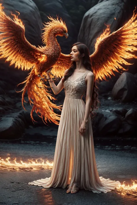A girl wearing a long dress danced and performed a prayer ritual in front of a giant stone gate,a giant fire phoenix lurked in the sky,(Phoenix of Sora:1.2),<lora:PhoenixSora:0.7>,
very long hair,sword,wide_shot,<lora:add_detail:0.6>,a rocky cliff,
mythology,fantasy,drama,dreams,detail,(flower),<lora:GPTS4 dreamwave full_478773:0.3>,<lora:GoodHands-beta2:0.9>,<lora:irene_v70:0.6>,
