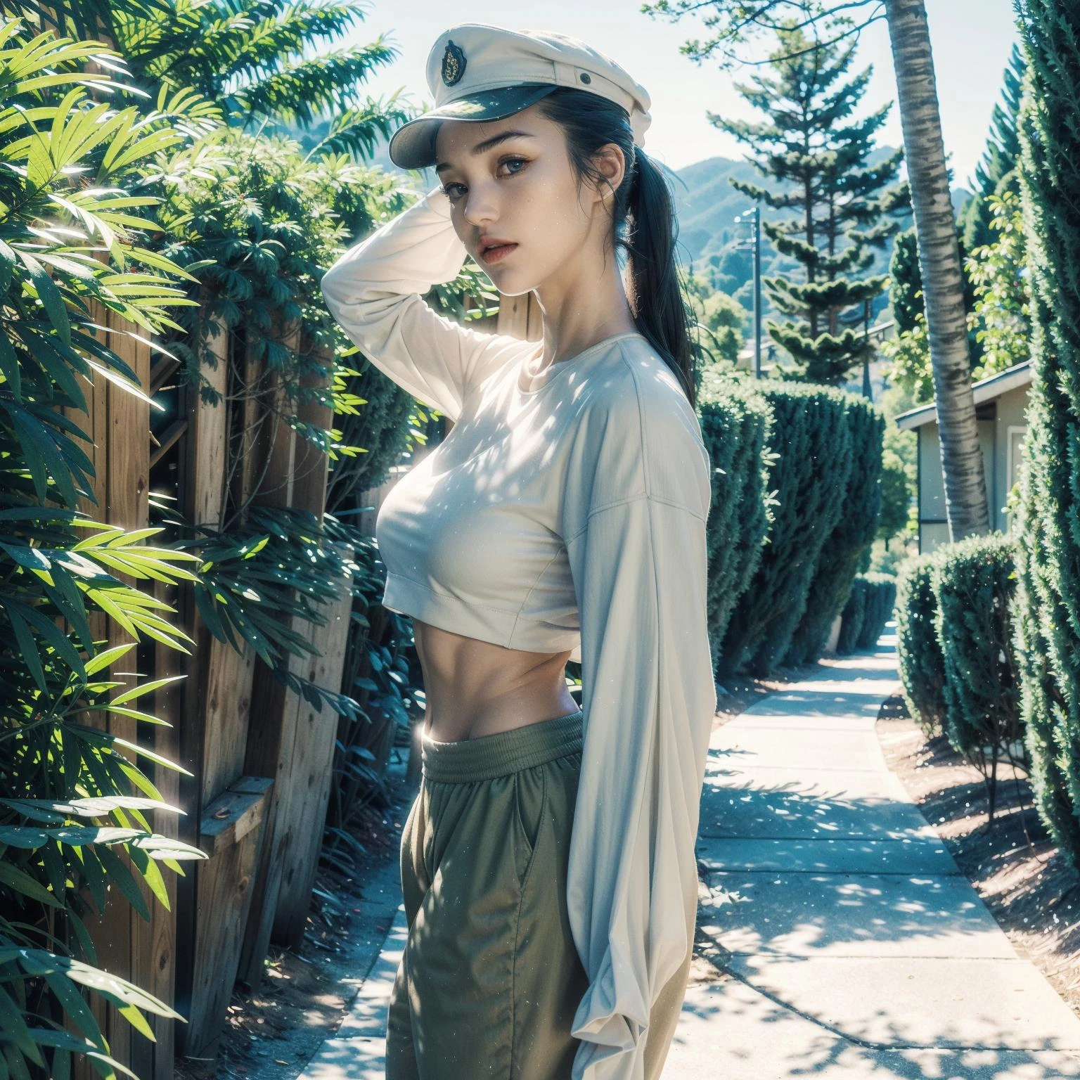 masterpiece,ultra realistic,32k,extremely detailed CG unity 8k wallpaper, best quality, highly detailed face, realistic face, hyperreal face, (film overlay, film grain:1.3), high contrast, dim light, 1girl, solo, standing, (bright day light, day, pine woods, path, trees, bushes), (camouflage) military uniform, loose pants, open jacket, beige sports bra, military hat, pony tails, large breasts, firm muscles, (trained abs), tall woman, black hair, blue eyes, long pony tail <lora:oiled skin:0.5> <lora:Heavy_grain:0.5> <lora:GoodHands-vanilla:1> <lora:bodyproportionsV25_bodyproportionsV25:1>