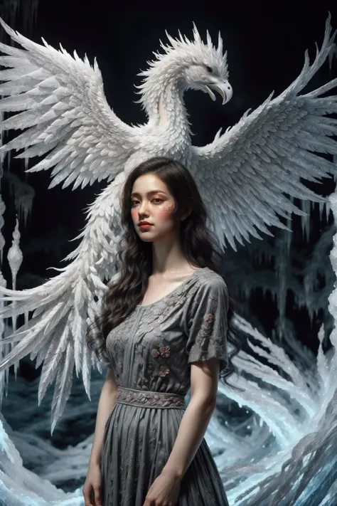 A girl wearing a long dress danced and performed a prayer ritual in front of a giant stone gate,a giant ice phoenix lurked in the sky,(Phoenix of Sora:1.2),<lora:PhoenixSora:0.7>,
very long hair,sword,wide_shot,<lora:add_detail:0.6>,a rocky cliff,
mythology,fantasy,drama,dreams,detail,(flower:1.2),(ice:1.2),<lora:GPTS4 dreamwave full_478773:0.8>,<lora:GoodHands-beta2:0.9>,<lora:irene_v70:0.6>,