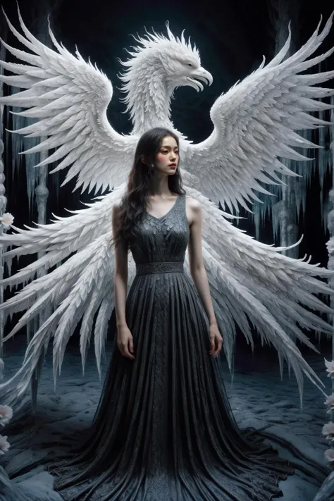A girl wearing a long dress danced and performed a prayer ritual in front of a giant stone gate,a giant ice phoenix lurked in the sky,(Phoenix of Sora:1.2),<lora:PhoenixSora:0.7>,
very long hair,sword,wide_shot,<lora:add_detail:0.6>,a rocky cliff,
mythology,fantasy,drama,dreams,detail,(flower:1.2),(ice:1.2),<lora:GPTS4 dreamwave full_478773:0.8>,<lora:GoodHands-beta2:0.9>,<lora:irene_v70:0.6>,