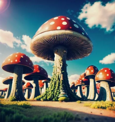 photorealistic, surreal landscape with giant mushrooms and intricate architecture,tree, 3D , 8 k, 32 k, HDR, realistic,