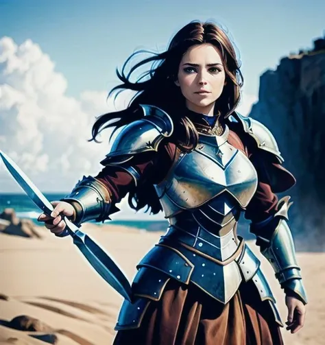 a photo, warrior in armor,  woman ,hair brown, fantasy dress,  realistic, hd, beautiful dress blue,  realistic, half body shot, sharp focus, 8 k high definition, insanely detailed