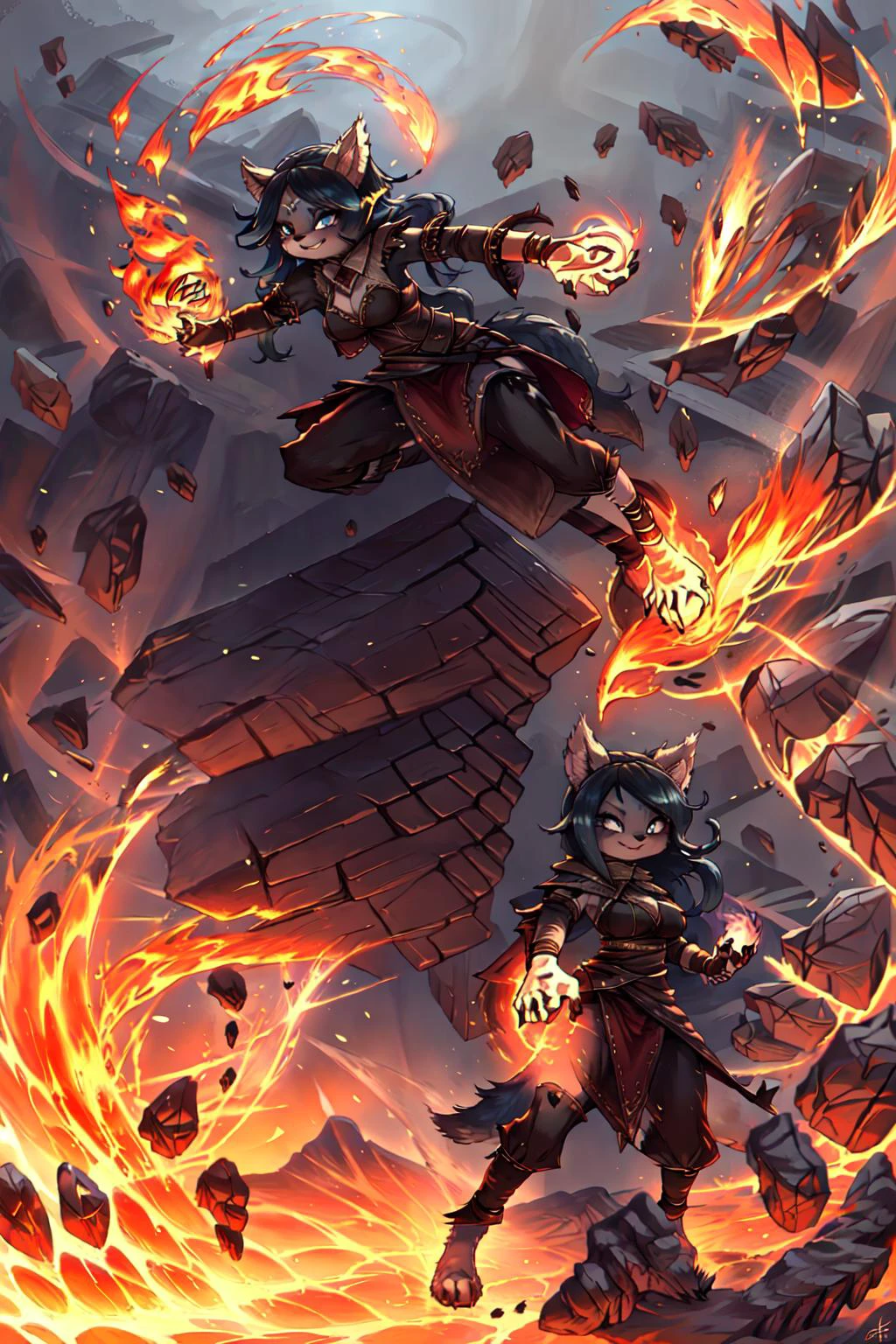 (claire:1.2), blue hair, furry, (detailed fluffy fur:1.2), wet fur, wet hair, large firm breast, slim hips, perfect eyes, slit pupils , (looking at the viewer:1.3), grin, one eye closed, one eye open, cat tail, leaning backward, pentagram forehead mark, <lora:claire:1>,
(masterpiece:1.2), (highly detailed:1.2), (intricate:1.2), (best quality:1.2),(8k:1.2),
sexy sorceress outfit, action stance, grass moor scenery, flying sand, flying circle of rocks,
cinematic light, vivid colors <lora:Concept - Geomancer:1>, Geomancer,
<lora:Concept - Pyromancer:0.8> pyromancer, fire