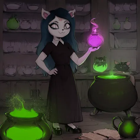 masterpiece, high quality, high detail, hd, claire (furry, claire \(the summoning\), dress, cat ears), ((big cauldron)) in front, shelves with magic things on backgroud, brewing a potion, magic particles <lora:LineArt Mono Style LoRA_Pony XL v6:1> <lora:add-detail-xl:1> <lora:claire:1>