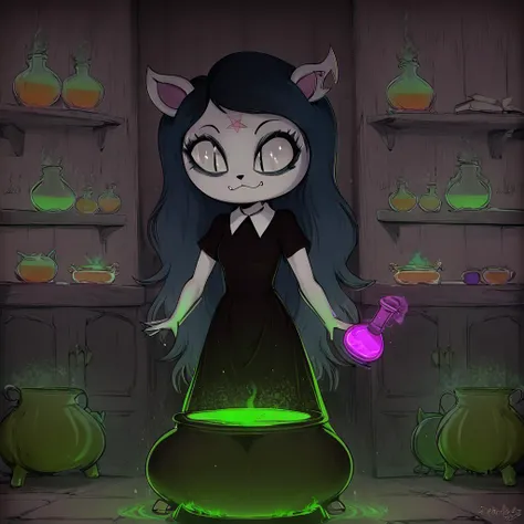 masterpiece, high quality, high detail, hd, claire (furry, claire \(the summoning\), dress, cat ears), ((big cauldron)) in front, shelves with magic things on backgroud, brewing a potion, magic particles <lora:LineArt Mono Style LoRA_Pony XL v6:1> <lora:add-detail-xl:1> <lora:claire:1>