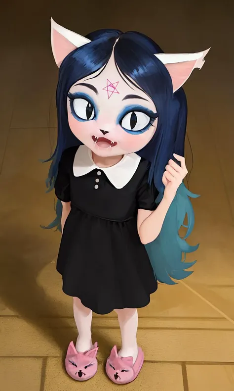 (realistic:1.1), masterpiece, best quality, claire, furry, cat, , girl, white fur, petite, blue long hair, parted bangs, fangs, black eyes, slit pupils, pentagram forehead mark, black collared dress, short sleeves, pink animal slippers, cat ears, cat nose,
happy, standing, solo, full body <lora:claireTheSummoning_v10:0.9>