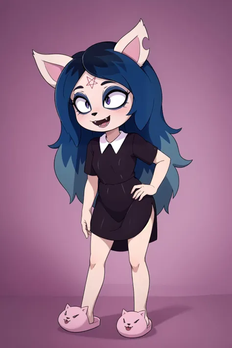 claire, furry catgirl, white fur, petite, blue long hair, parted bangs, fangs, black eyes, slit pupils, :3, pentagram forehead mark, black collared dress, short sleeves, pink animal slippers, cat ears, cat nose, open mouth, smile, standing, solo, full body shot, white outline, purple background, (masterpiece), best quality, hi res, realistic, [3d]
<lora:theSummoningClaire:0.85>