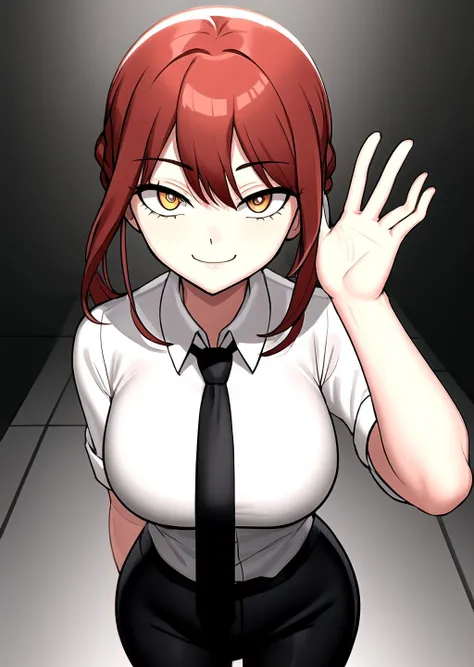 <lora:GoodHands-beta2:1> 1girl, <lora:makima_offset:1> makima \(chainsaw man\), standing, red hair, long braided hair, golden eyes, bangs, white shirt, necktie, stare, smile, ringed eyes, black necktie, closed mouth, wide hips, cowboy shot,
<lora:GreyImpact-10:0.8>