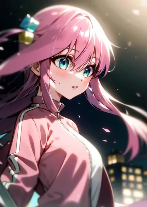 pink hair, long hair, hair between eyes, blue eyes, cube hair ornaments, gotoh hitori, <lora:gotoh hitori by goofy ai:1>, pink hair, long hair, pink track jacket, blue eyes, gotoh hitori, 1girl, solo, <lora:ç¼çå:0.9>, city, <lora:gotoh_hitori:1.0>