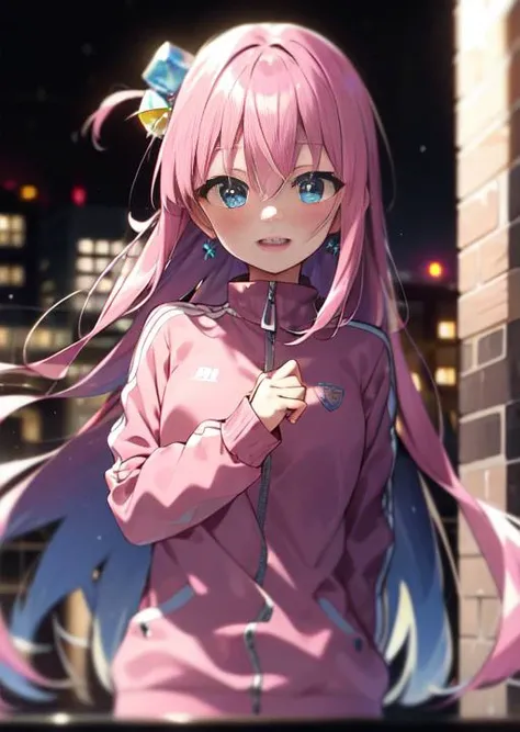 pink hair, long hair, hair between eyes, blue eyes, cube hair ornaments, gotoh hitori,, pink hair, long hair, pink track jacket, blue eyes, gotoh hitori, 1girl, solo, <lora:ç¼çå:0.9>, city, cube hair ornament, smile, blushing, <lora:gotoh_hitori:1.0>