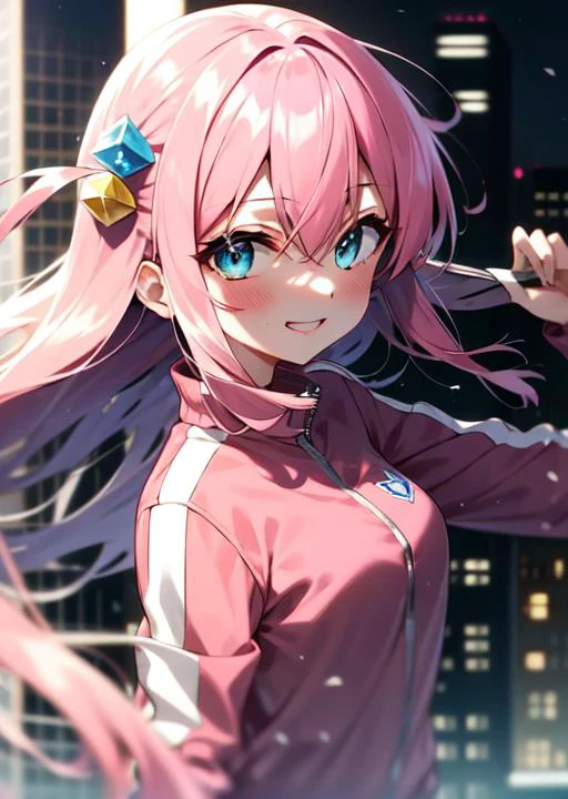 pink hair, long hair, hair between eyes, blue eyes, cube hair ornaments, gotoh hitori,, pink hair, long hair, pink track jacket, blue eyes, gotoh hitori, 1girl, solo, <lora:ç¼çå:0.9>, city, cube hair ornament, smile, blushing, <lora:gotoh_hitori:1.0>