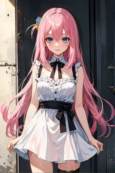 1girl  ,masterpiece,  cowboy shot ,  <lora:gotoh_hitori:1> pink hair, long hair, hair between eyes, blue eyes, cube hair ornaments , gotoh hitori