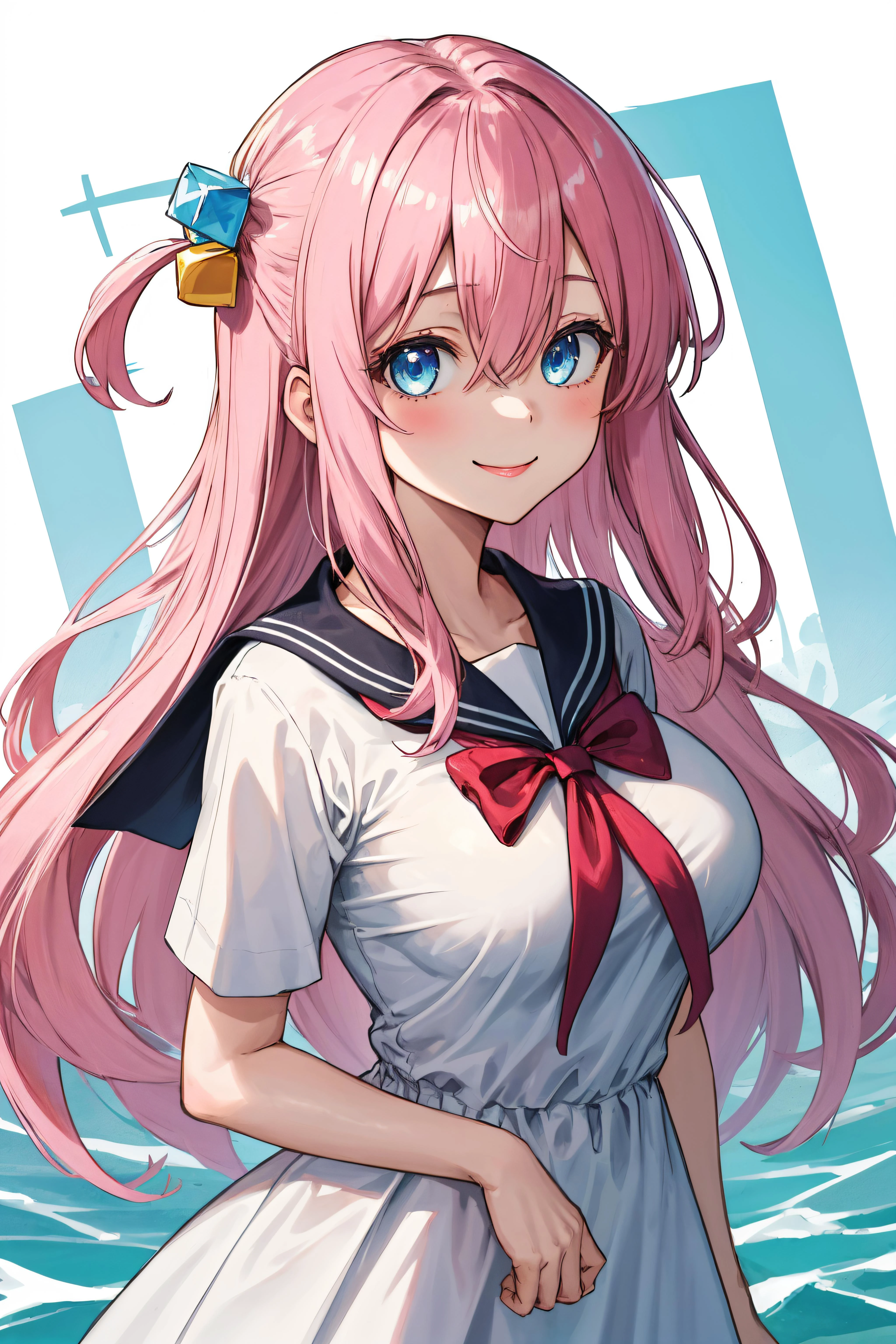 gotoh hitori, 1girl, solo, long hair, looking at viewer, smile, one side up, sailor dress, large breasts, blue eyes, hair between eyes, cube hair ornament,pink hair, long hair <lora:gotoh_hitori:1>